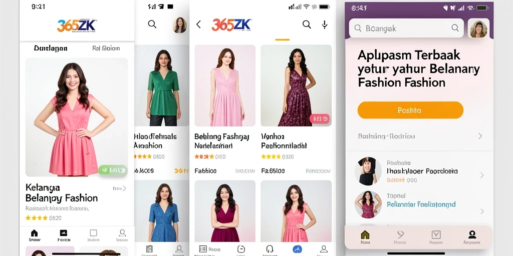 Tampilan antarmuka aplikasi 365ZK untuk belanja Fashion yang stylish.